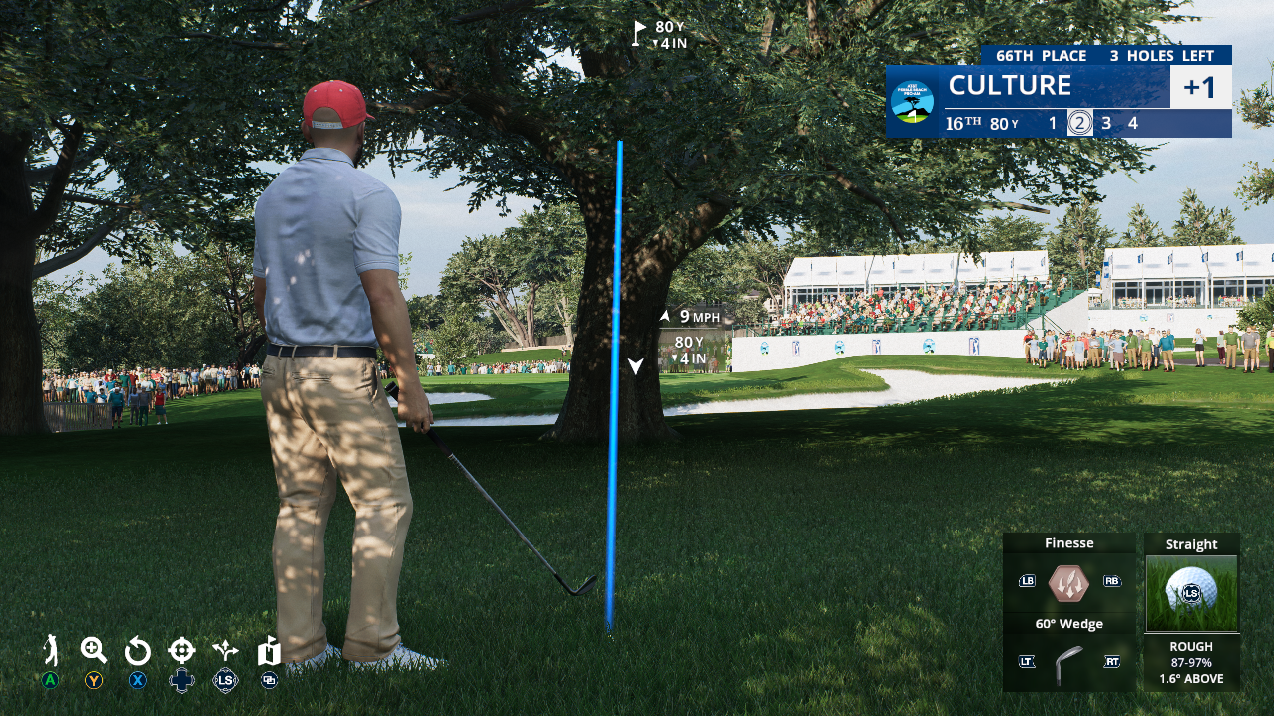 our golfer standing over a shot behind a tree. The shot arc shows the ball striking the tree
