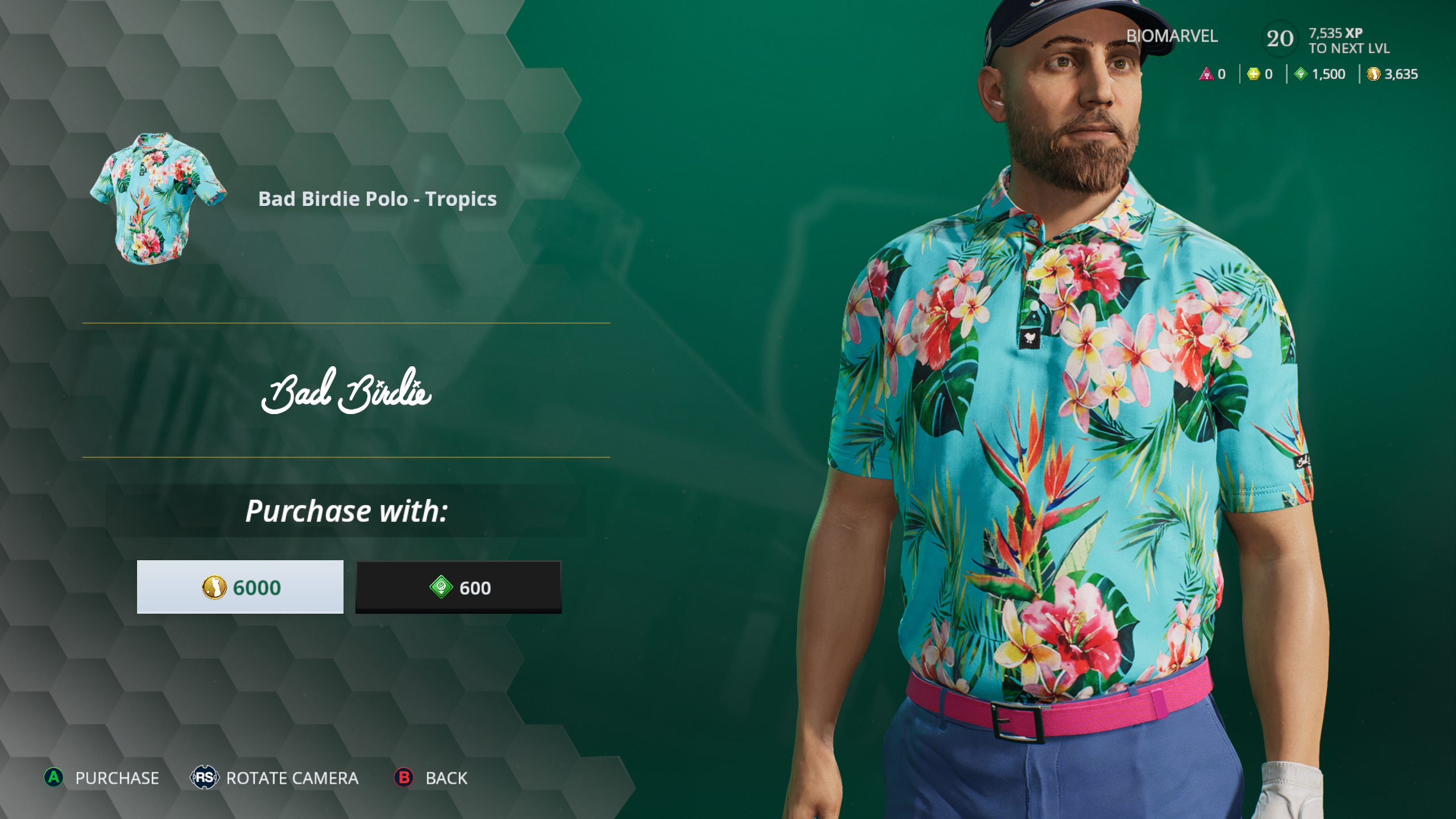 a bright Hawaiian shirt is worn by our golfer in the customisation options. paying for the shirt in either currency or tokens all earned through the career mode.  