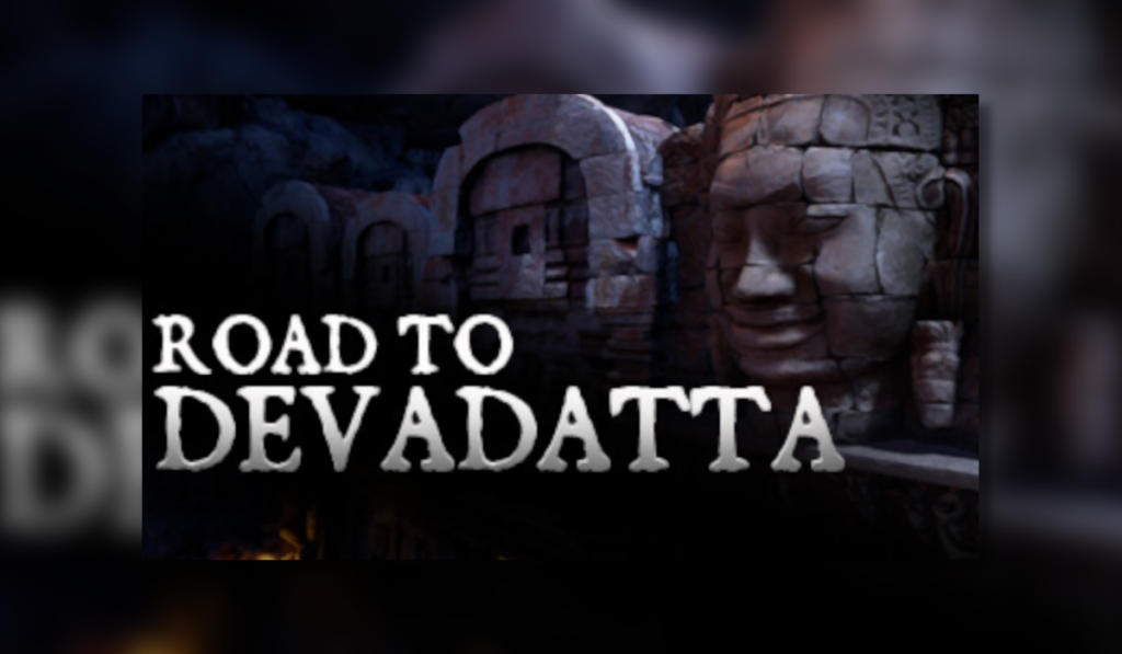 Road to devadatta logo, showing image of face statue and archway in the background