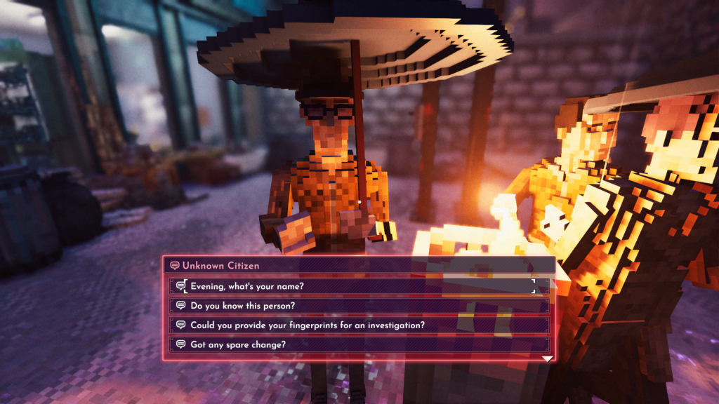 A man stands next to a barrel fire carring an umbrella. Dialog choices are at the bottom of the screen