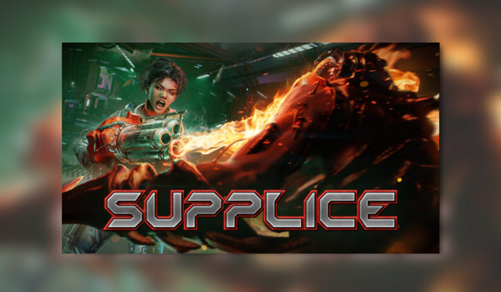 The key art for Supplice is shown. A character holding a large gun shooting some red massive form.