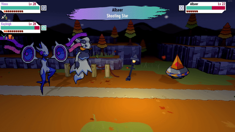 Vinno, who is Level 28 and Kayleigh, who is also Level 28 are battling a Level 22 cultist in their Allsear form. Vinno and Kayleigh are in their Bansheep and Decibelle forms, respectively.The Allsear is a silver flying sourcer with a yellow and blue trim with a golden pyramid on top. Bansheep is a white ghostly sheep looking monster with black hands and torso with black and gold horns, a little gold halo and small white batlike wings. Decibelle is a sleek, white, purple and pink monster with sub woofer wings, and a headset, with a spiky head. Bansheep used the move Bite, and Decibelle used the move Sonic Boom.