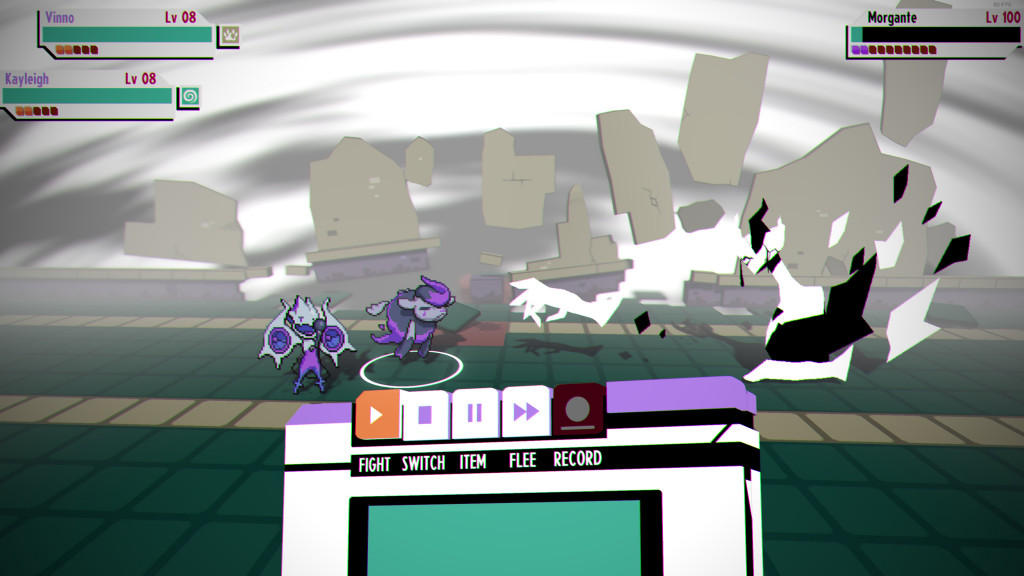 Battle screen for the first boss fight. The platform is a green tiled floor with the wall seemingly being pulled apart by a vortex behind it. In the top left are the health bars for the player characters, Vinno and Kayleigh, as well as their level, which is both 8. In the top right is the enemies health bar, Morgante, and the level is 100. Morgante looks like the ghost a shattered porcelain doll.In the bottom of the screen is a cassette player which has all of the options, which are, fight, switch, item, flee and record.