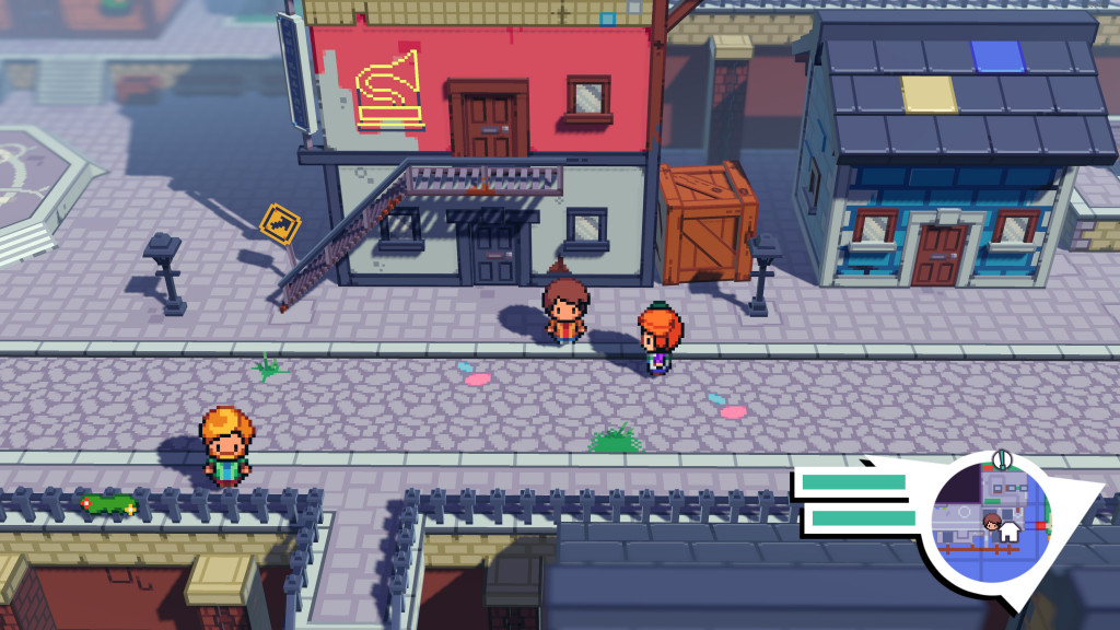 Vinno and Kayleight stand in the streets of Harbour Town. Vinno has brown hair with a tan jacket and red shirt. Kayleight has ginger hair with a green hat and a ourple and white top.In the background is a two story building. The bottom half is white, and the top half is red. On the top half is a yellow neon sign of a Gramophone. There are metal stairs leading up to the second floor. there is a wooden box next to the building and a blue brick building next door with a grey slate roof with one beige and one blue roof tile. Either side of the red and white building is a street lamp. The floor is a cobbled stone floor. 