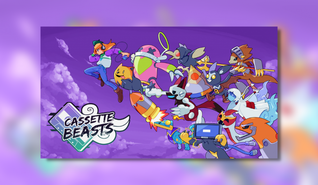 Cassette beasts characters on the main screen with the game logo