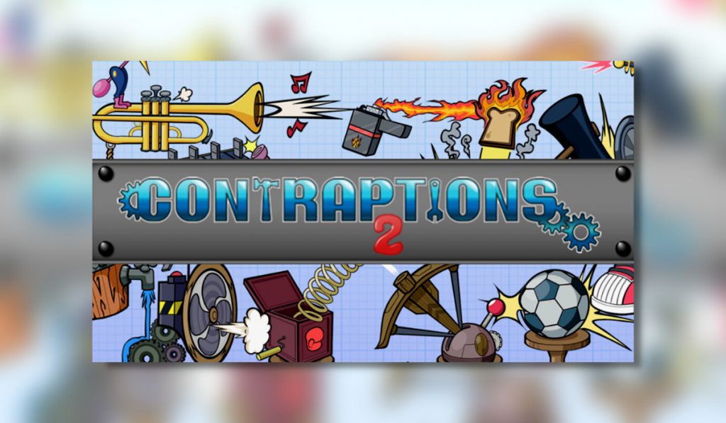 Contraptions 2 is written in blue and red. It is on a grey rectangular metal box. Surrounding it are several of the games items used to complete the puzzles