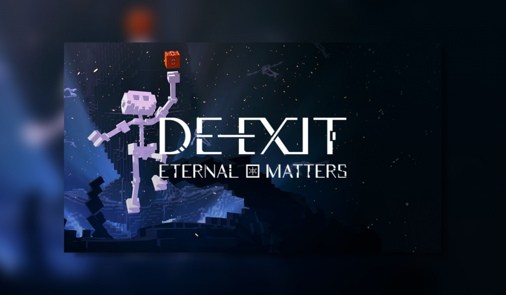 A skeleton reaches for a red block in front of a mountain at night with the stars above. Text Reads with the game tite "DE-EXIT ETERNAL MATTERS"