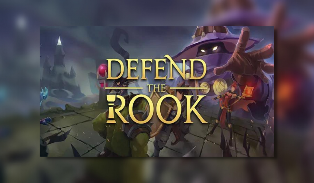 Defend the Rook is written across the middle of the screen. A magister in a purple cloak is to the right and in front of them is a Sorceress, a rogue and a warrior. A goblin is getting a shield to the face and they are all stood on a stone patio that looks like I laid it myself. I'm no landscape gardener.