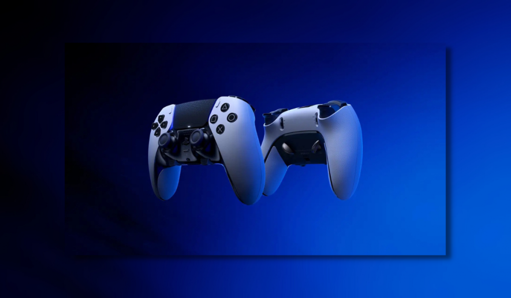the dualsense edge controller front and back aspect on a blue and black background.