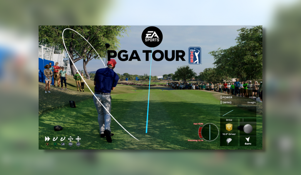 EA Sports PGA Tour image showing a golfer just finished taking a shot from a tee box. The image shows the information lines on screen showing ball flight and swing path.