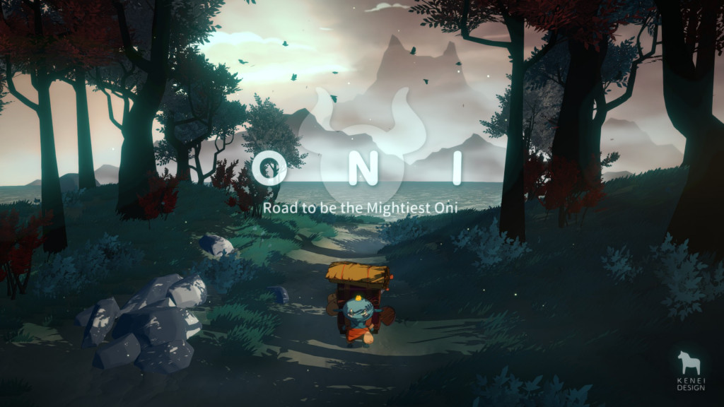 A oriental style backdrop and foreground is features with a small blue character front and centre at the bottom of the screen. The title Oni: Road to be The mightiest Oni is featured.