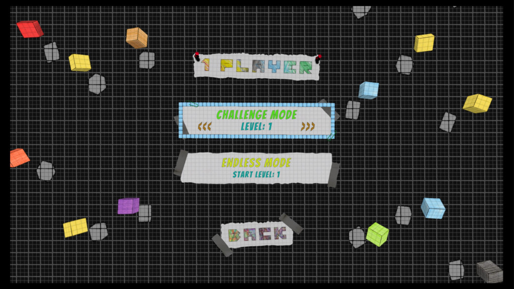 Level design is intended to look like the squared sheets in a maths work book.The labels on the screen from top to bottom read, "1 player", "Challenge mode, level 1", "Endless Mode, Start Level 1" and "Back"