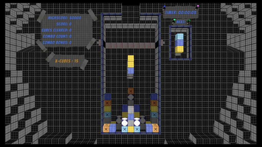 Level design is intended to look like the squared sheets in a maths work book. In the top left is your highscore, current score, blocks cleared and combo. In the top right is the timer and what blocks will be next.In the middle is the play are which is set back and has multie coloured blocks. When 3 or more blocks of the same colour are toutching, the disappear.