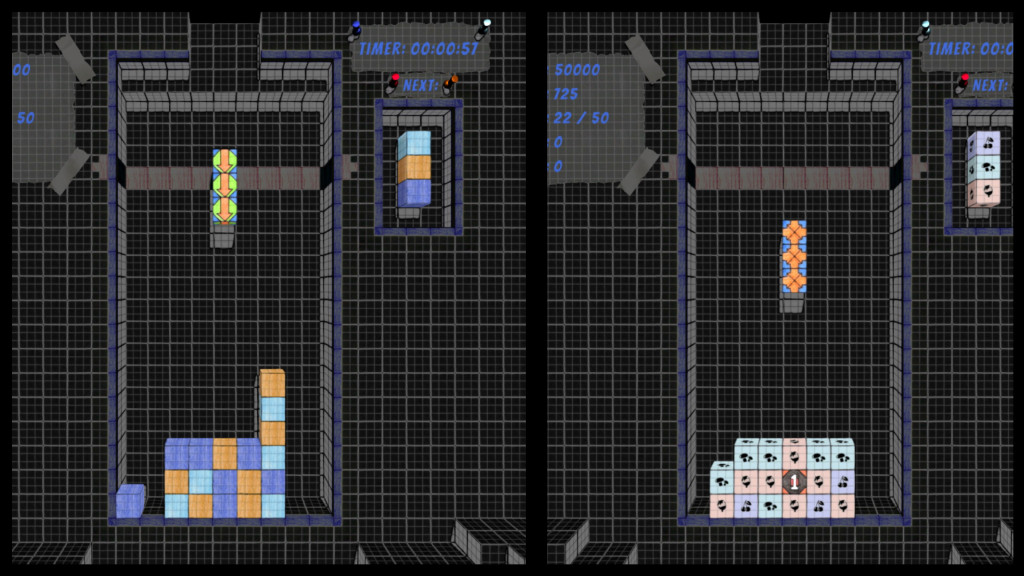Level design is intended to look like the squared sheets in a maths work book. In the top left is your highscore, current score, blocks cleared and combo. In the top right is the timer and what blocks will be next.In the middle is the play are which is set back and has multie coloured blocks. This screen shows 2 different games. The left has colourblind mode turned off, the right has colourblind mode turned on.
