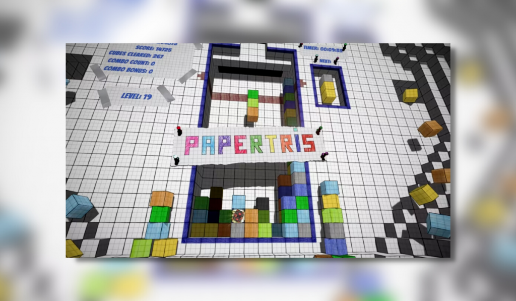 Papertris logo showing a tower of paper blocks falling in a tetris style.