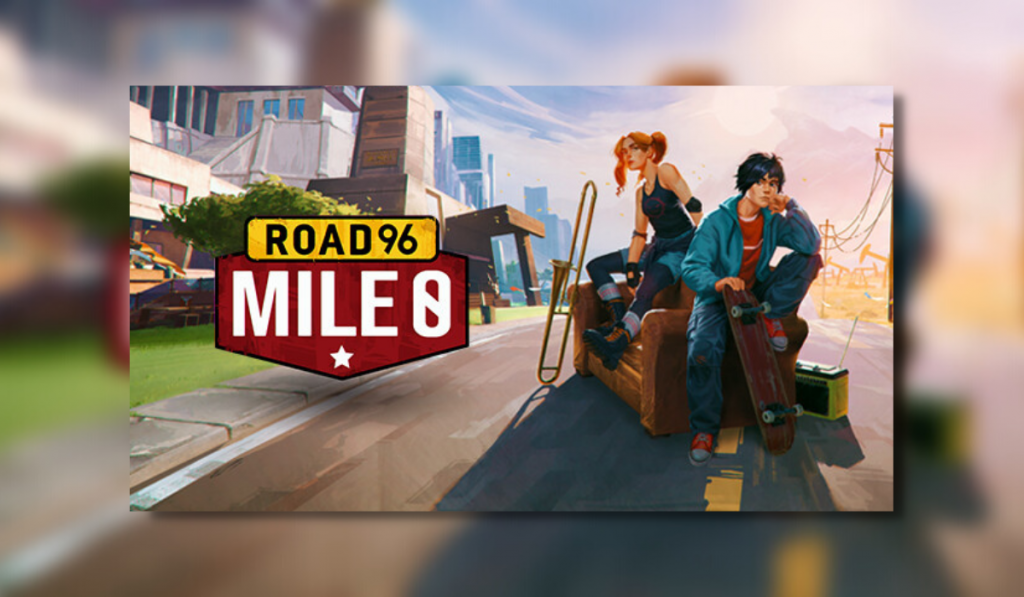 A girl with a trombone and a boy sit on an arm chair in the middle of the road. The boy has a skateboard in her hand. A sign to the gives the game title Road 96 Mile 0