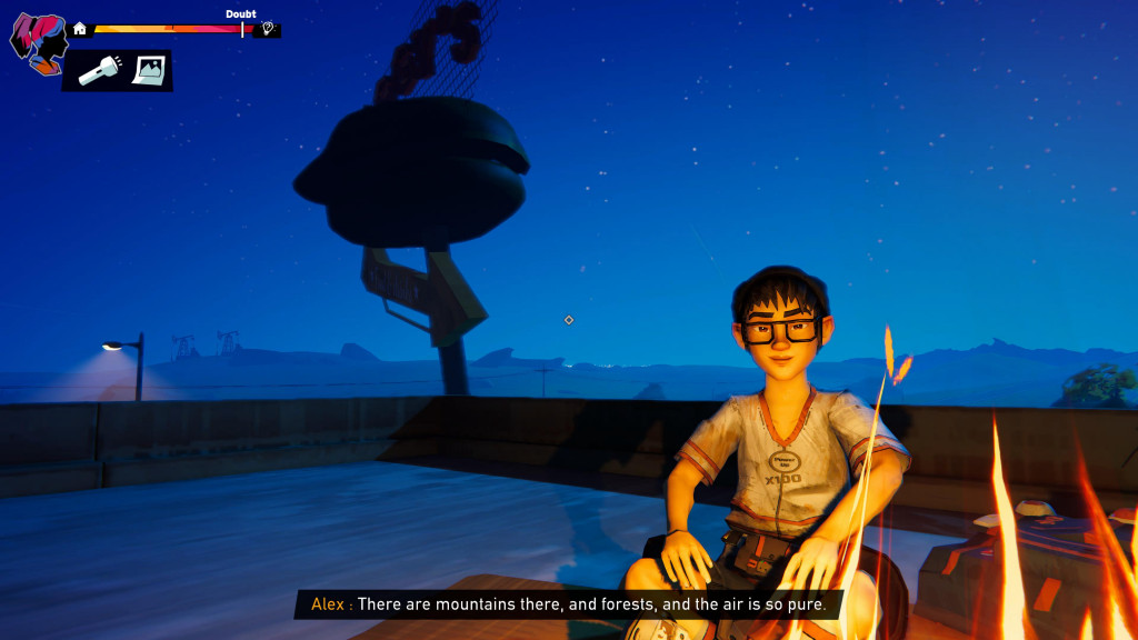 A boy in glasses sits only lit by the fire. In the behind them is a drive thru sign that is switched off for the night. The subtitles show the boys name is Alex and he talks about how there are mountains and forests and the air is so pure.