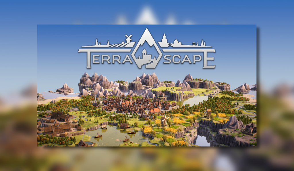Terrascape logo, a village showing lots of buildings and green areas with a blue sky in the upper area of the image.
