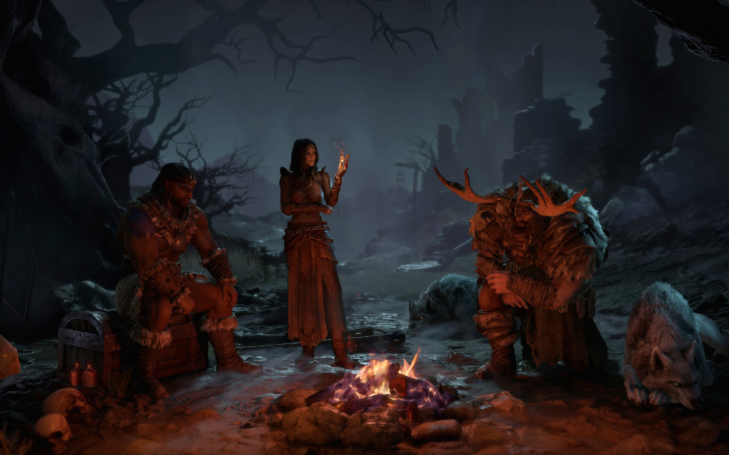 Three of the Diablo 4 Classes: Barbarian, Sorcerer and Druid sitting around a campfire with a broken ruins behind