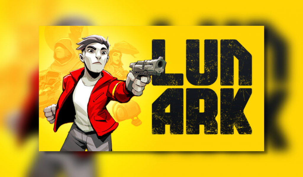 Artwork for Lunark showing the game logo on the right. The main character is on the left who is dressed in a white tshirt and red jacket and aiming a handgun. The immage features a yellow background.
