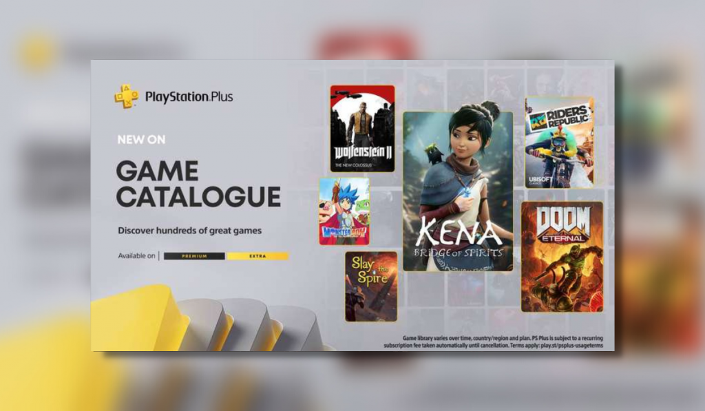 PS Plus April Games Catalague advertisement for 2023 shoing artwroks for games Kena Bridge of Spirits, Riders Republic, Doom Eternal, Wolfenstein 2, Monster Boy and the Cursed Kingdom and Slay the Spire on the right. The PS Plus logo is shown on the left with the following text below "New On Game Catalogue, Discover hundreds of great games