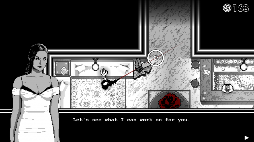 black and white screenshot showing a bar/lobby area 2D view. A woman in a white dress with dark hair stands profile on the screen with the tantalizing caption "Let's see what I can work on for you."