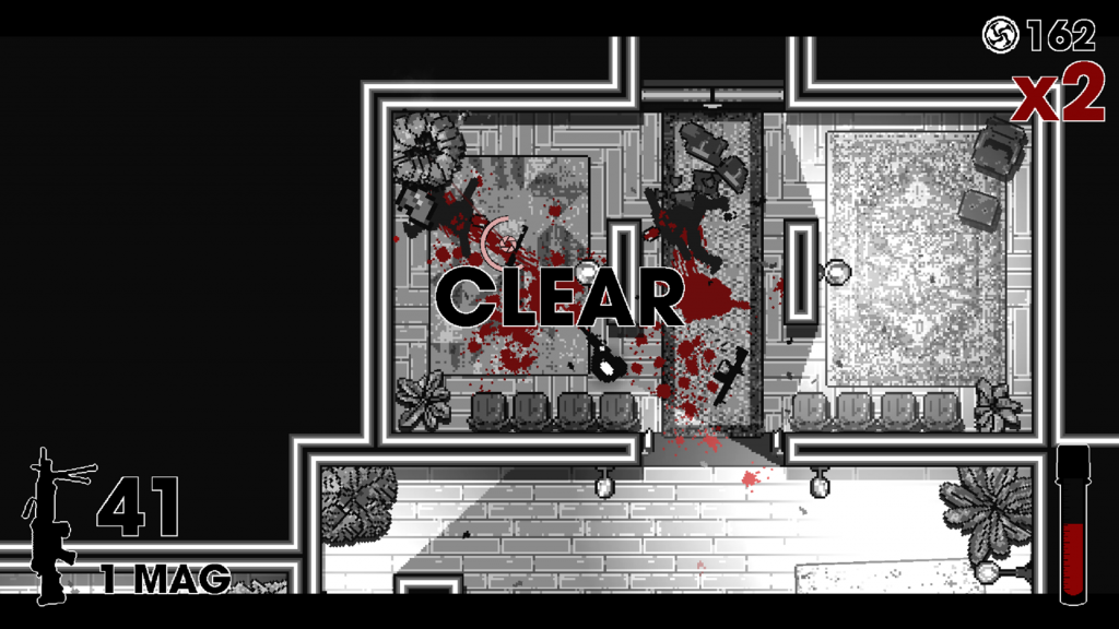 screenshot in black and white with red blood splatters on the floor. Similar to the previous shots it is a 2d top-down view of a room with all enemies killed. The words "Clear" read in black writing across the centre of the screen. 