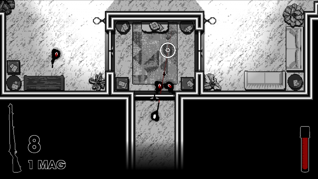black and white screenshot showing the main character about to storm a room to the north occupied by 2 enemies with guns. All that separates them is a door.
