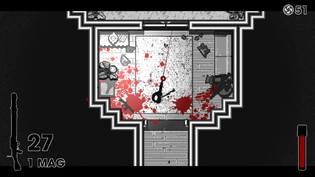 black and white screenshot showing a 2D top-down view of a room outlined with white walls set against a black background. A door is infront of you. Red blood splatters are across the floor along with collectible black guns.