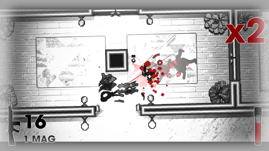 black and white screenshot showing a top down 2D view of a rectangular room with 3 doorways to leave through. Focus mode has been activated and the screen is whiter than usual. An enemy has been peppered with white bullets leaving red blood splatters on what was a white rug.