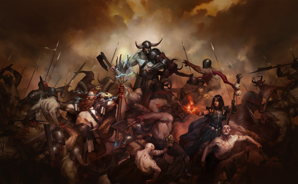 An Artist impression of a shared Sanctuary in Diablo 4 showing your characters fighting through enemies