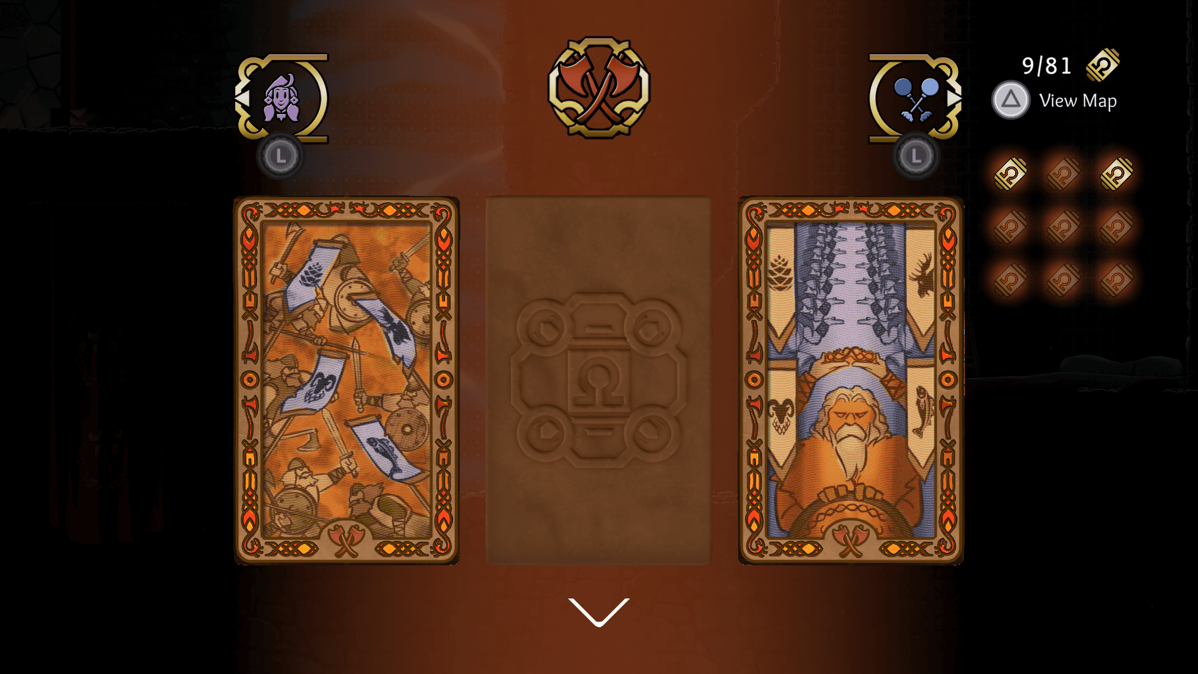 3 slots showing ornately detailed Norse cards in the left and right slot with the middle slot empty. The top right shows that 9 out of a possible 81 cards have been collected