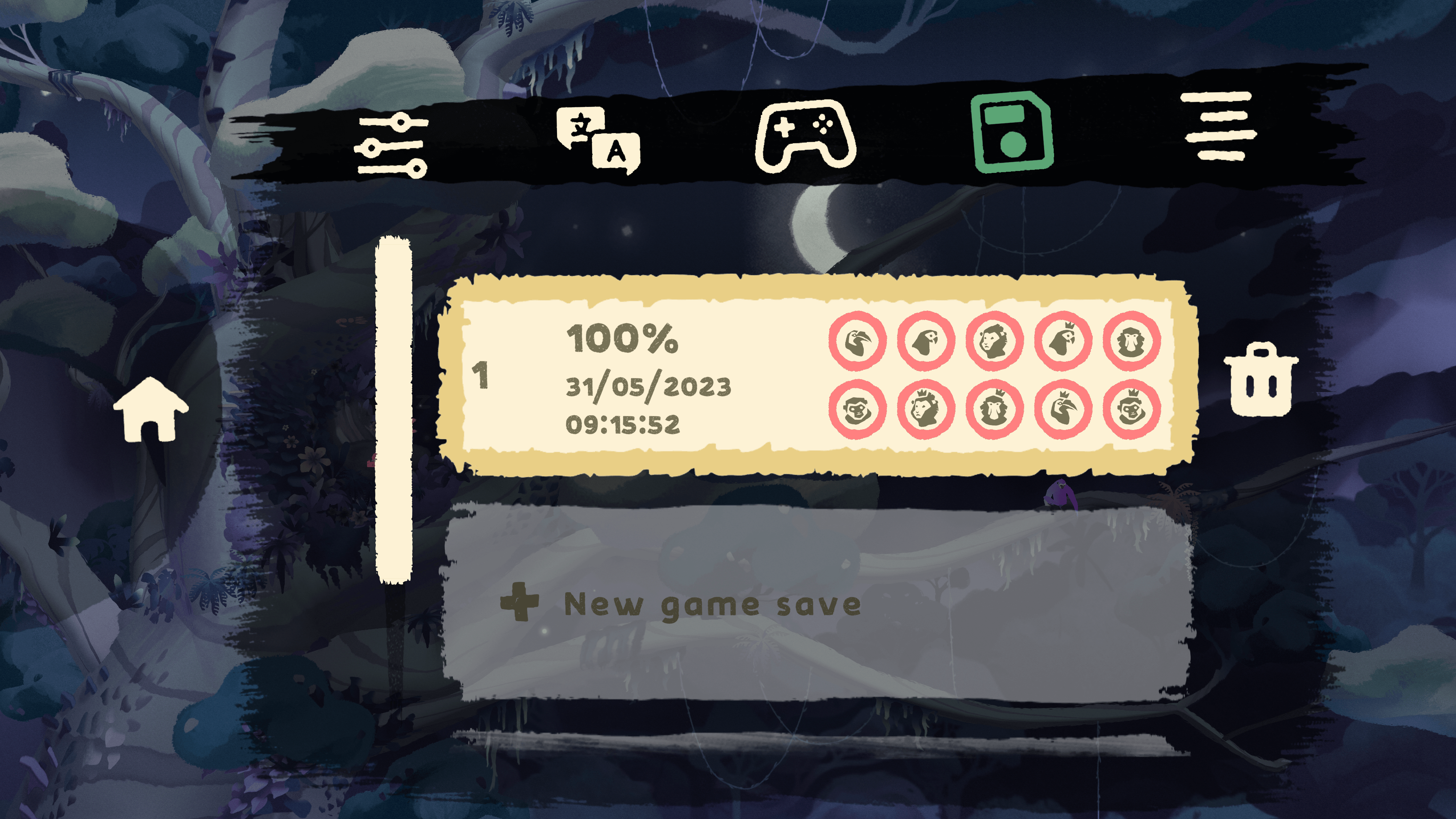 in game menu showing completion rate, date last saved and total play time. It also shows icons of different animals depicting the amount completed in the liberation mode