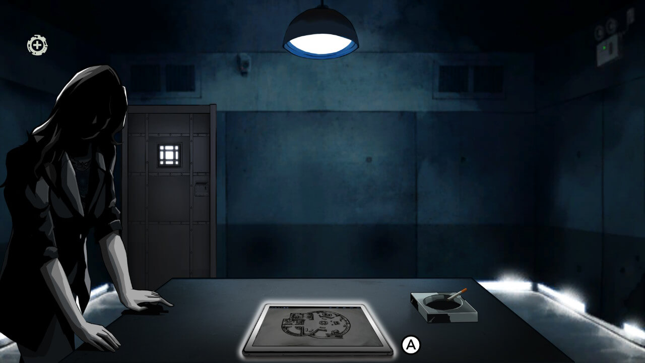 A dark cell like room with a solitary light hanging above a grey table. Infront of you is a tablet looking device to enable you to revisit crime scenes. To the right is an ash tray and a cigarette. To the left stands an imposing woman who guides you through the process.