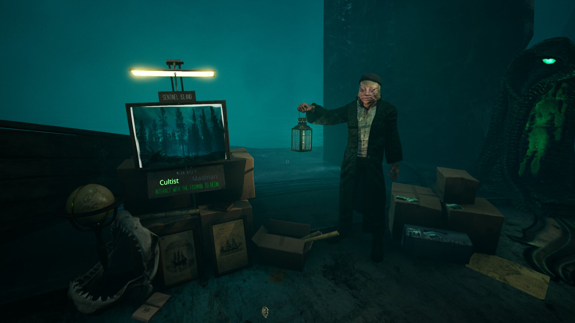 A humanoid fish holding a lanterned stands next to a plinth lit by a glowing light from above. Boxes and items are strewn at his feet
