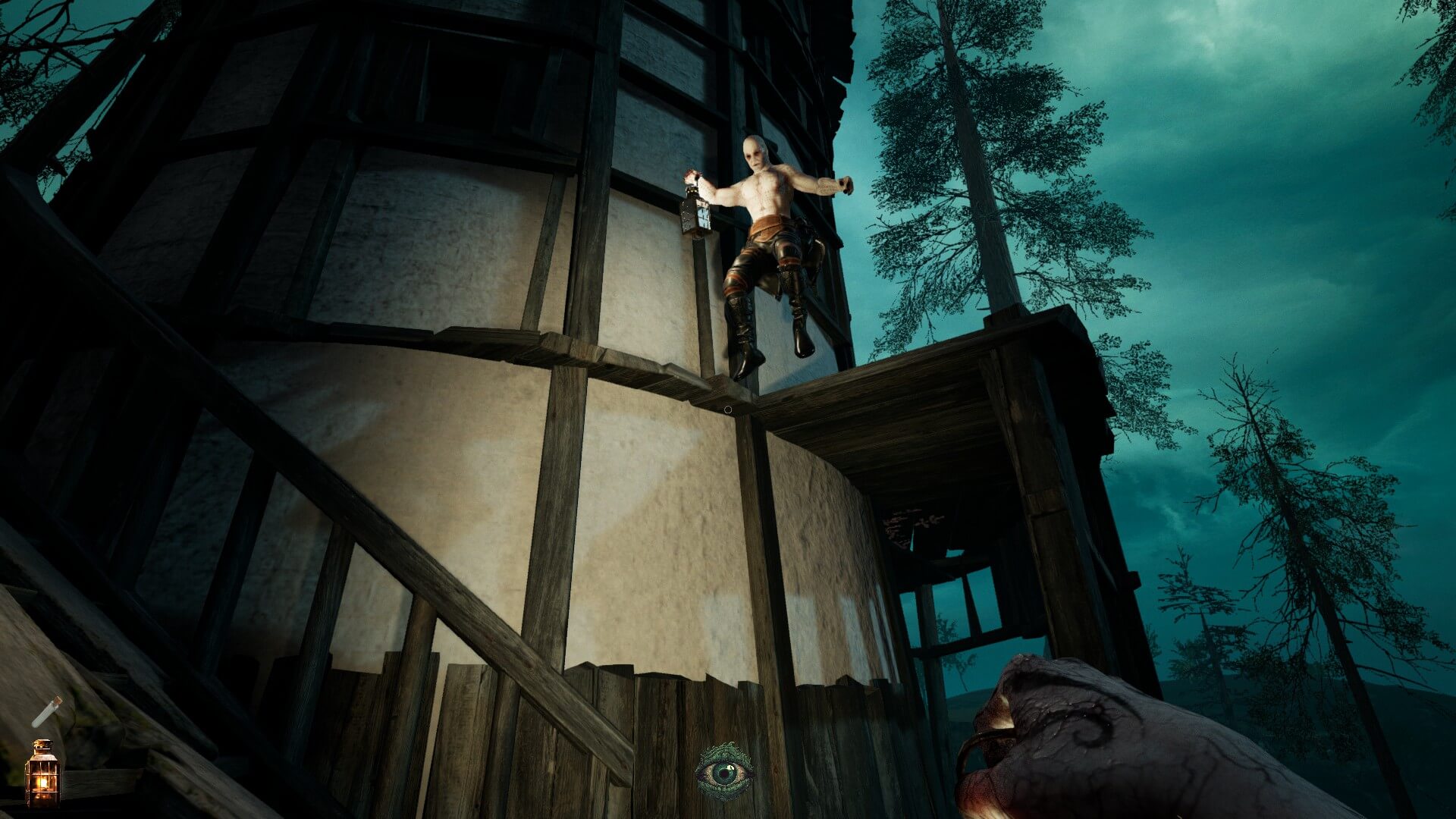 A pale character jumps from a platform that sits outside a tall building
