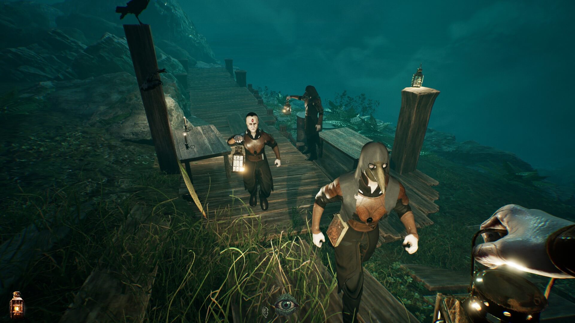 Three characters all looking sinister walk towards the camera on a wooden boardwalk