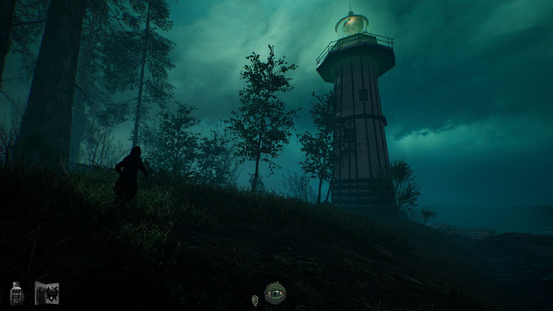 A lighthouse sits atop a hill of a gloomy landscape. A black figure runs through the foliage towards it