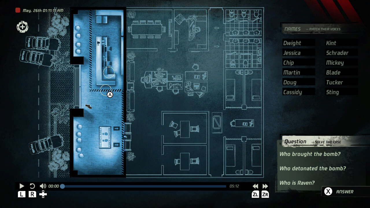 A plan of a police precinct is on the screen. The reception area is outlined in thick black walls and a lit blue floor indicating that I am in that space listening. Once more there are names on the top right to assign to the characters as well as questions to answer on the bottom right.