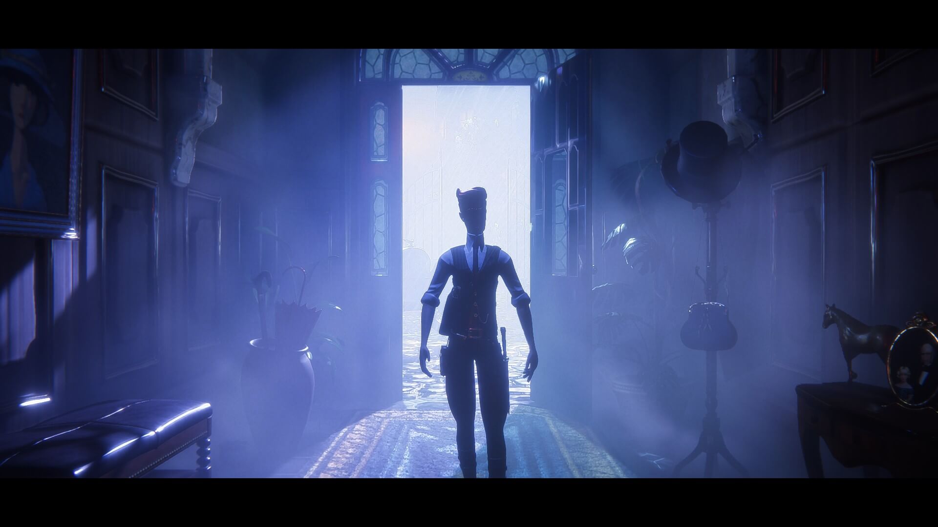 Fox enters the dark house with the light of reality shining behind him as he takes his first steps to uncover the truth. a blue/violet light shines behind him causing his front to look a little like a silhouette. furniture and a hat stand can be seen in the shot.