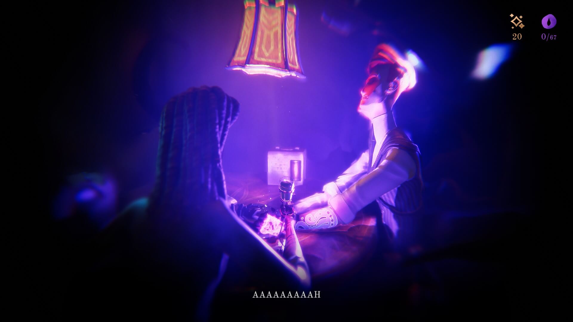 Fox is recieving a tattoo filled with dark energy to boost his power. an orange lamp hangs above and a lady with dreadlocks can be seen with her tattoo needle.