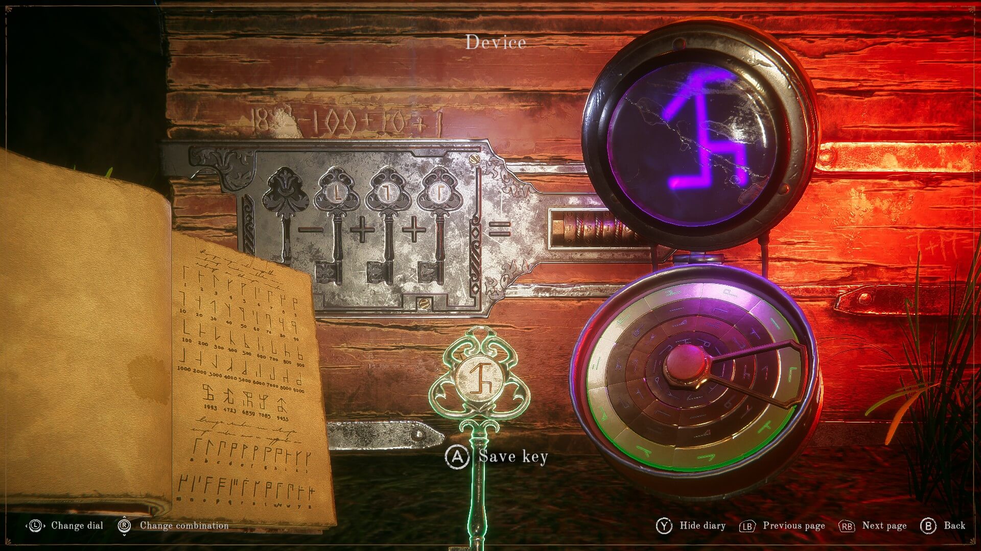 A locked chest that requires four keys to open. I have pulled out a compass like device that i use to change the rune's worth for the key. the book holds all the symbols needed to help swithc the keys worth.