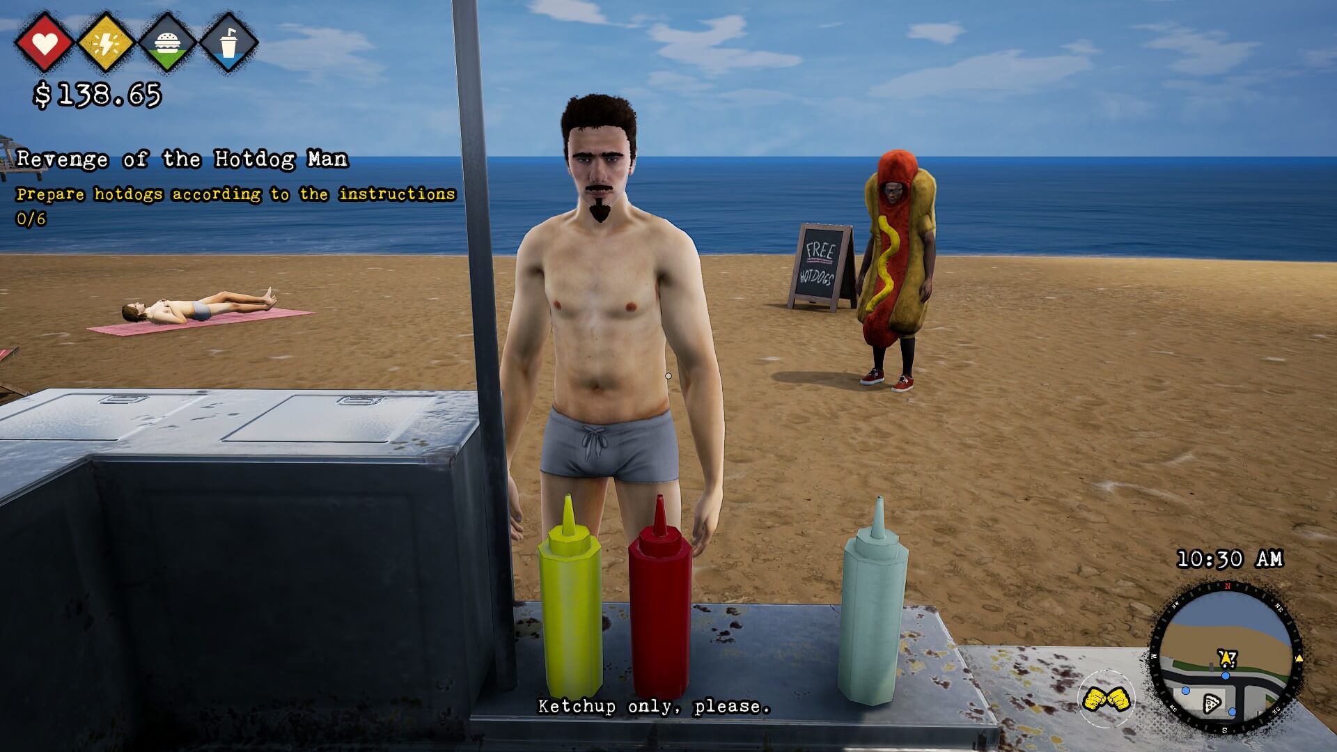 A man in just his boxers has asked me for a hot dog with just ketchup. The stand is on a beach is being promoted by the staring man in the hot dog costume.