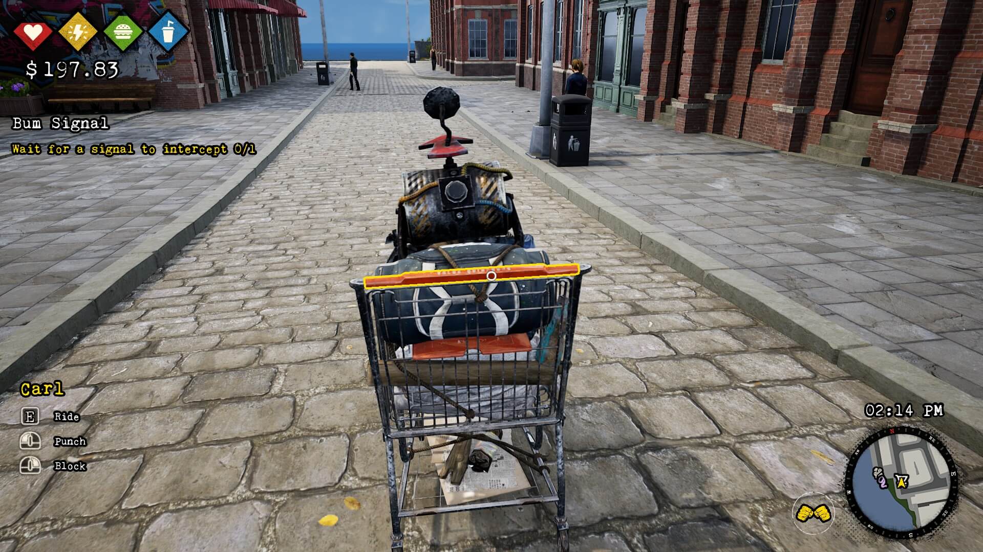 A shopping cart is in front of the player with a machine strappd on top. The handle bar is highlighted for the player to interact with it.