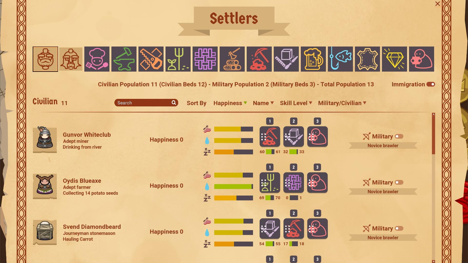 Settler overview is shown. Each settler's happiness, vitals, and assigned skills are shown.