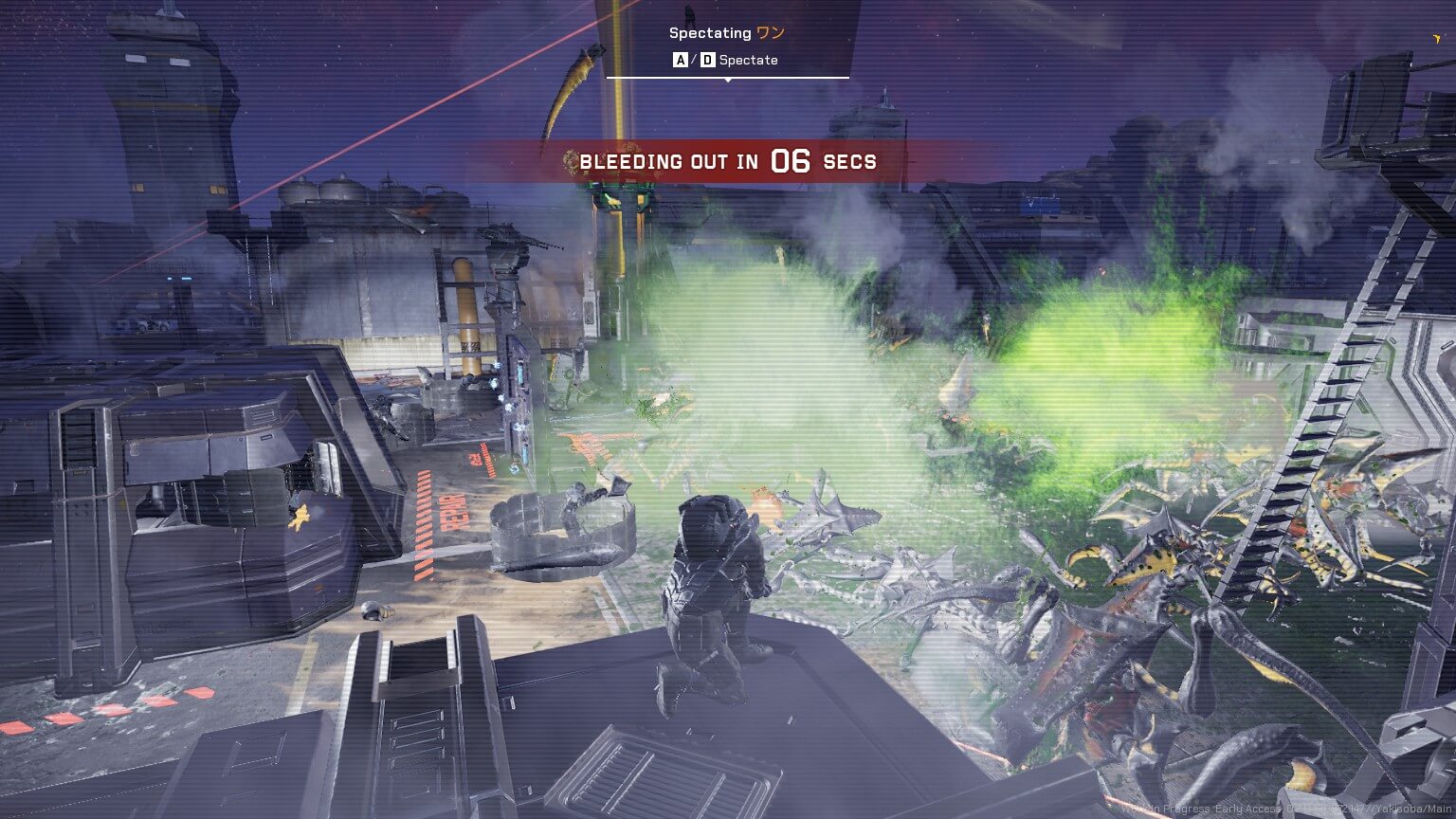 I am currently spectating a player who is surrounded by bugs. green blood particles and dust can be seen from dying arachnids and gunfire. several bodies are seen on the floor.