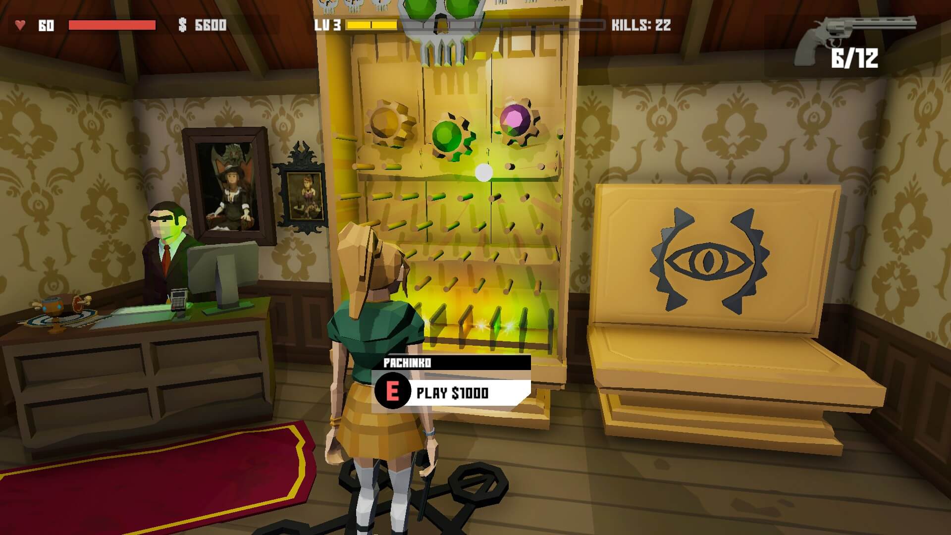 The shop in the game. the large machine is a pachinko game that drops a ball that goes into one of the coloured slots at the bottom.