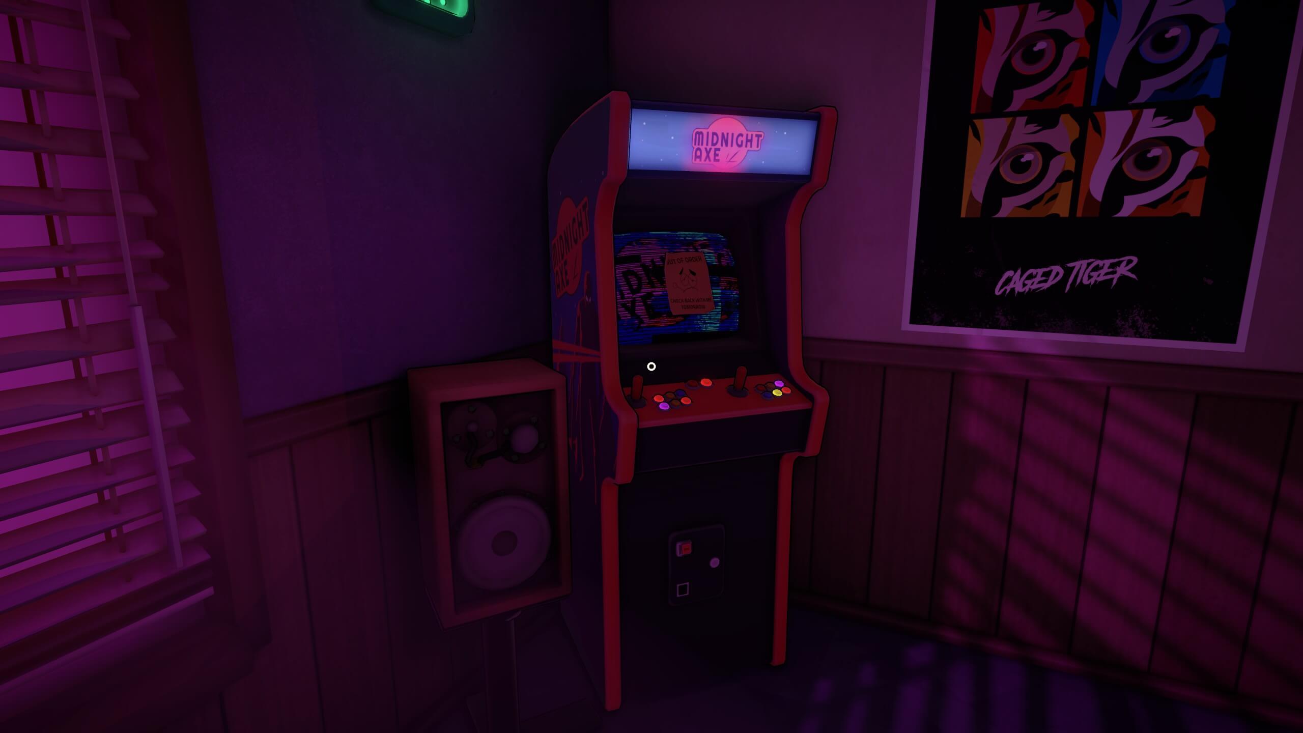 an arcade machine in the staff recreation area has an out of order sign on it. There is also a poster of Caged Tiger and a small speaker. To the left are window blinds and the small emergency light is poking down from the top of the screen.