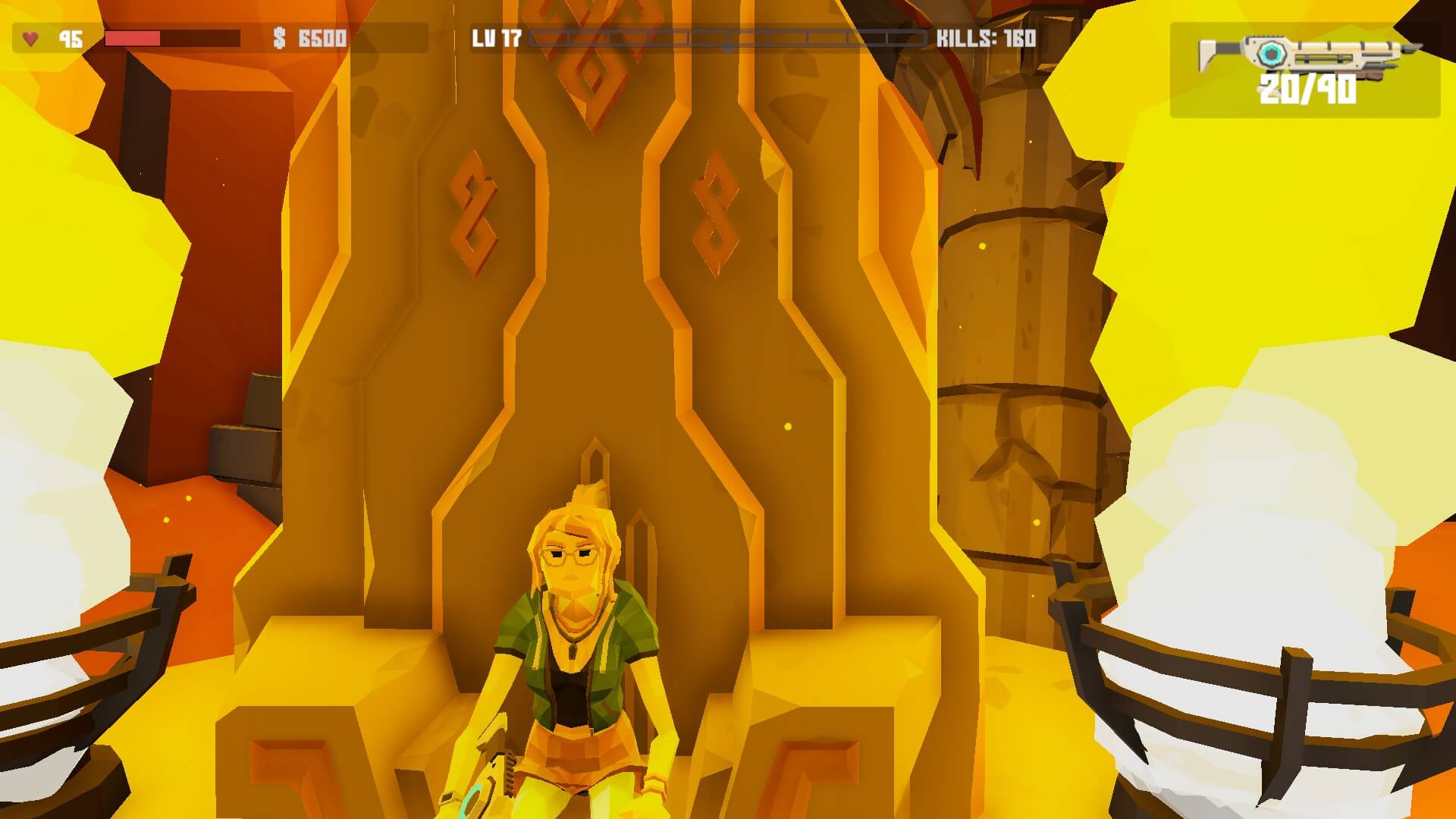 Our hero is sitting on a giant throne with two large braziers beside it.