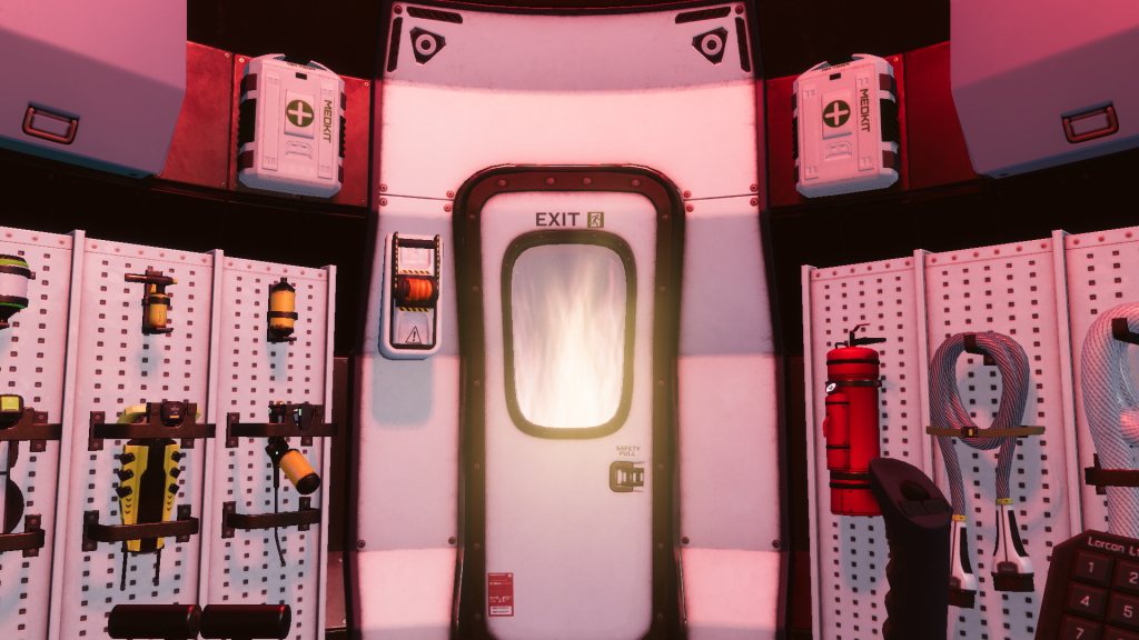 Image from the 1st person perspective of our player character, showing the interior of our landing capsule as we descend to Mars. Flames engulf the outer capsule, and rise up past the windows.